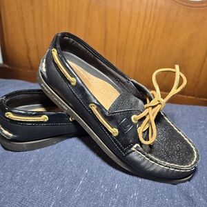 SPERRY TOP SIDER Black Glitter Leather Loafers Boat Deck Shoes Womens Sz 6.5